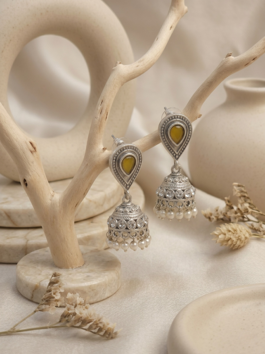 Buy Yellow Stone Studded Oxidised Silver Small Jhumka Earrings Online in India