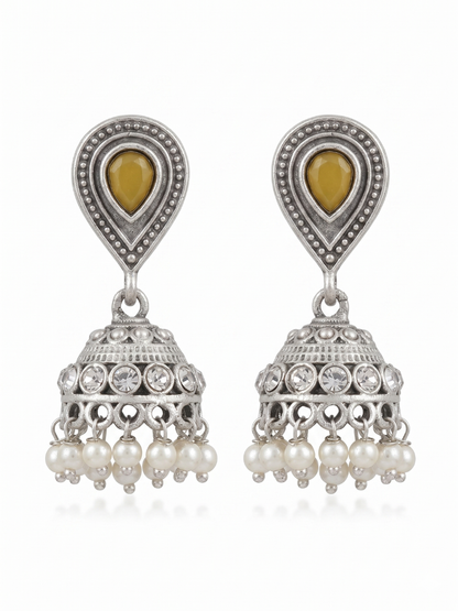 Yellow Stone Studded Oxidised Silver Small Jhumka Earrings