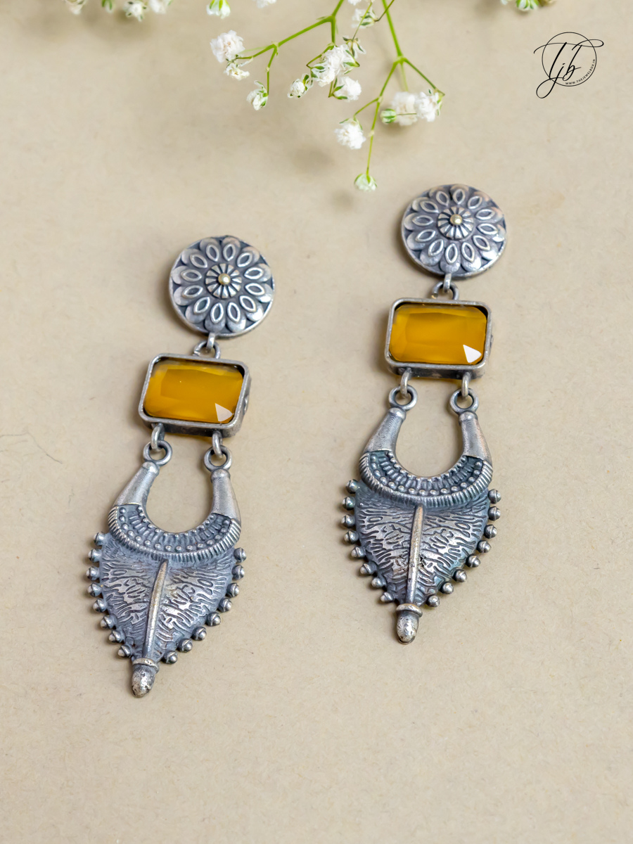 Buy Yellow Stone Long German Silver Earrings Online - TheJewelbox