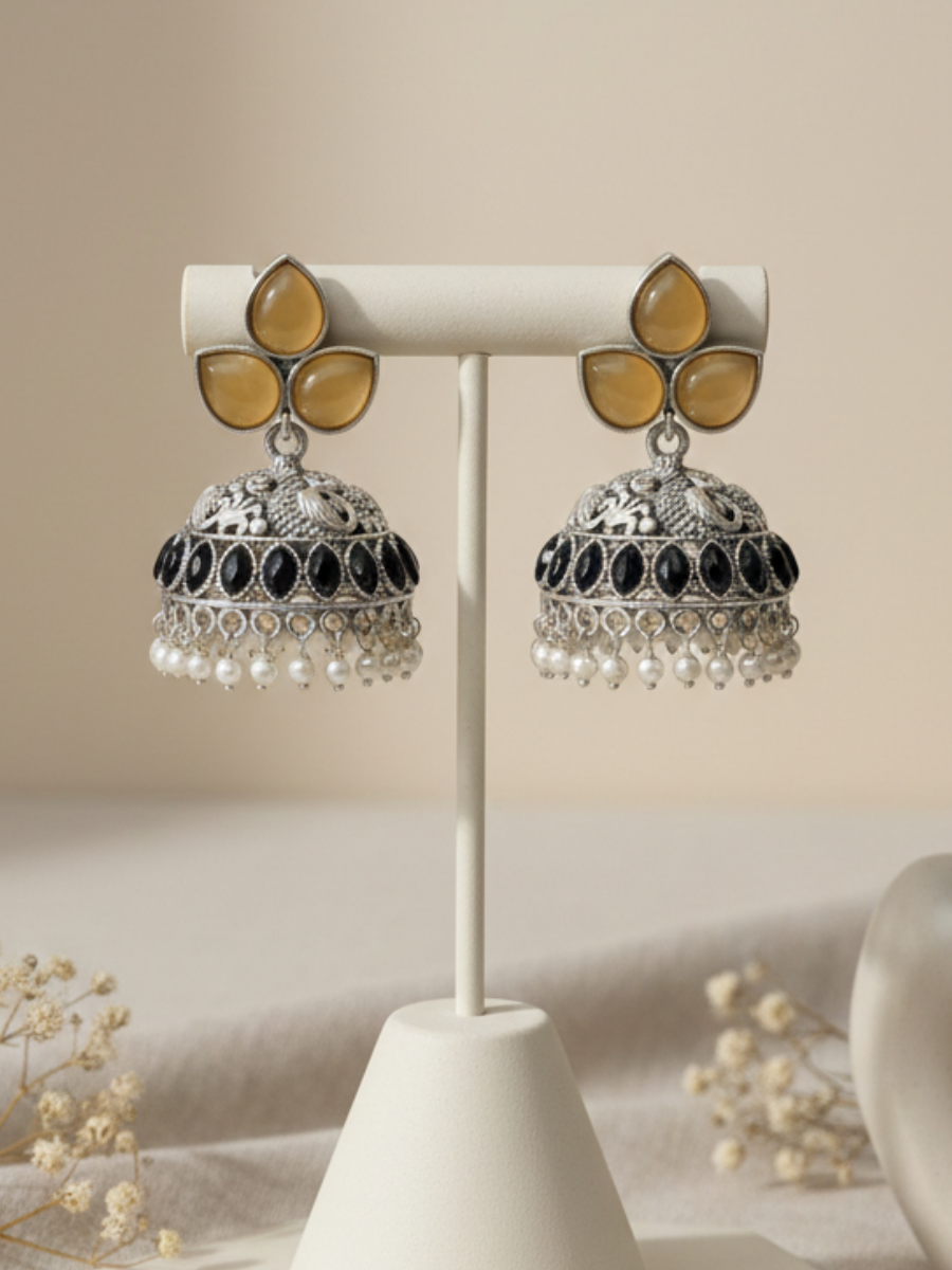 Traditional peacock motif black earrings