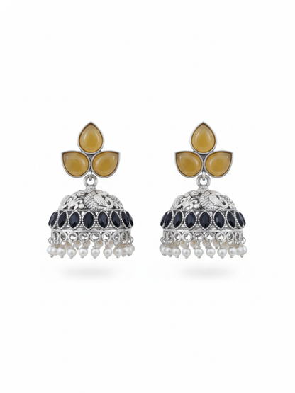 Oxidised silver black and yellow jhumkas
