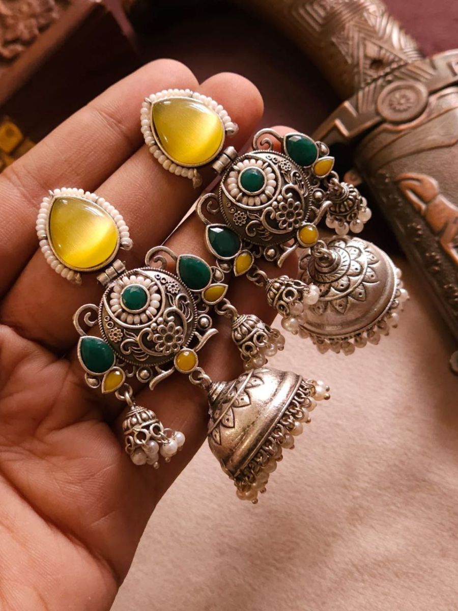 Buy Yellow and Green German Silver Oxidised Jhumka Earrings - TheJewelbox