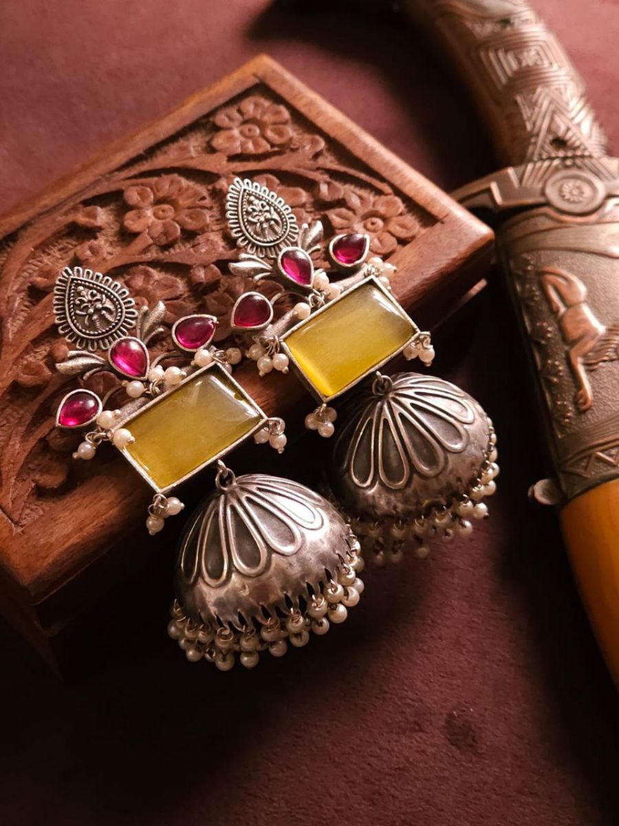 Buy Yellow and Pink Stones German Silver Oxidised Jhumka Earrings - TheJewelbox