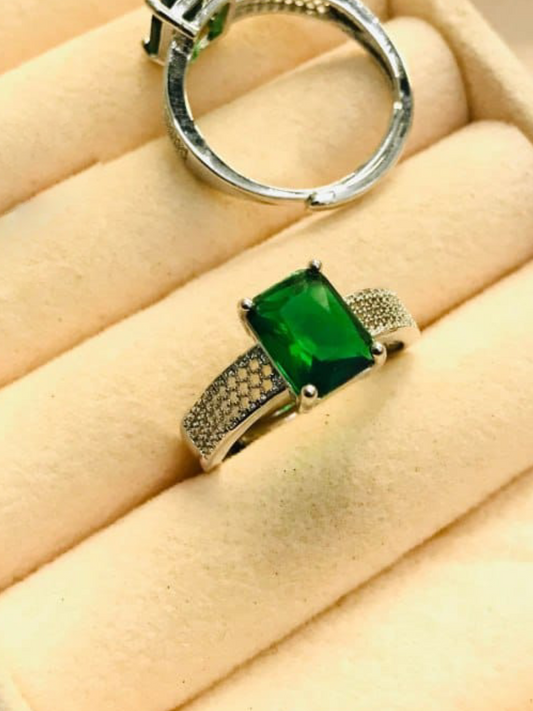 Green Emerald Adjustable Silver Ring