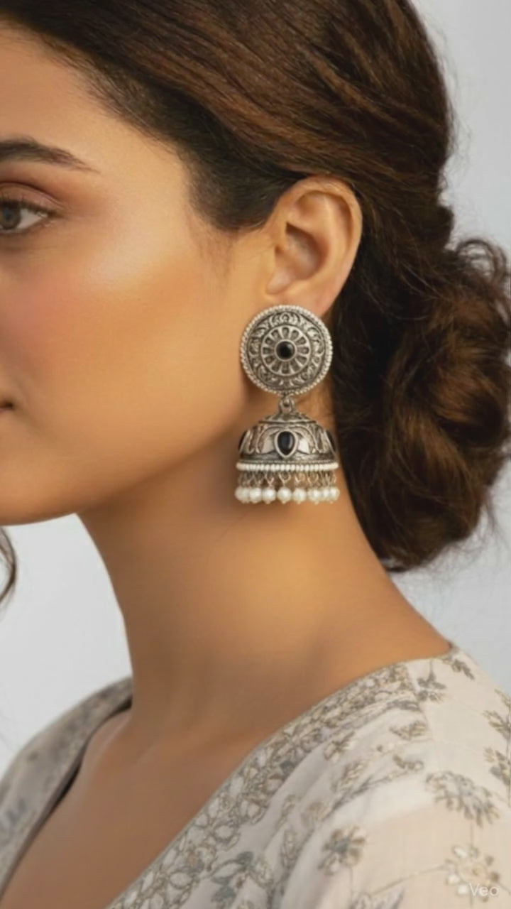 Load video: Black Stone German Silver Oxidised Jhumka Earrings