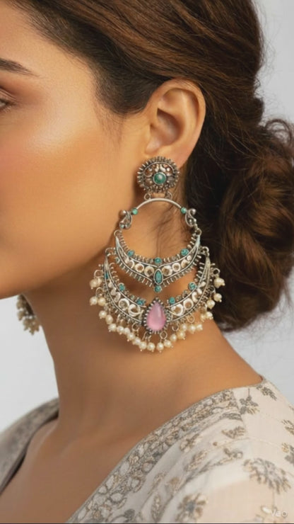 Sky Blue and Pink Stone German Silver Oxidised Chandbali Earrings