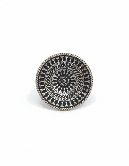 Oxidised Silver Plated Round Adjustable Finger Ring