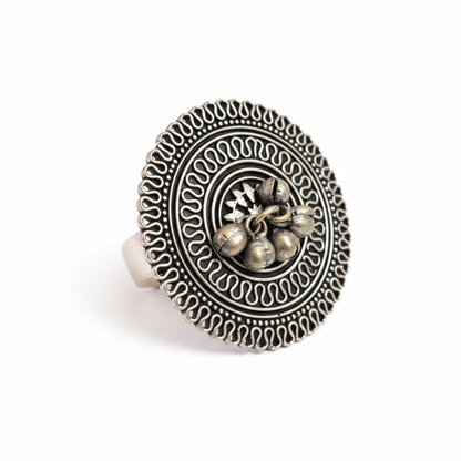 Kolhapuri Style Big Round Oxidised Silver Ring