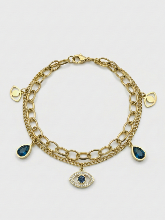 Women's Gold Plated Layered Evil Eye Charm Bracelet