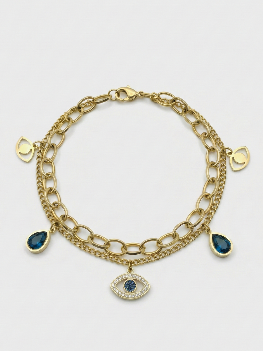 Women's Gold Plated Layered Evil Eye Charm Bracelet