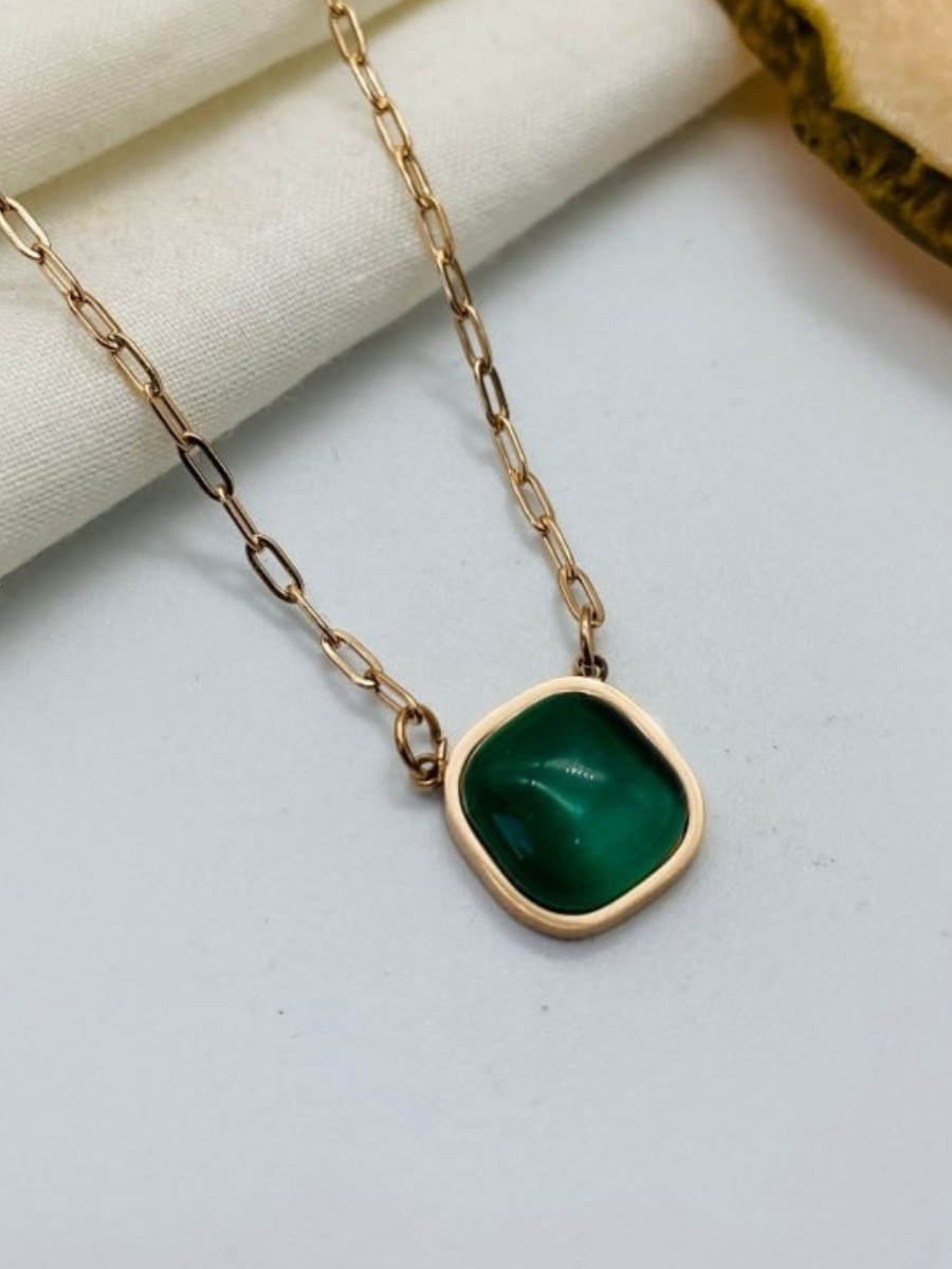 Emerald Square Pendant Rose Gold Chain Necklace