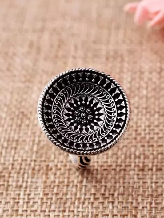 Buy Oxidised Silver Plated Round Adjustable Finger Ring - TheJewelbox