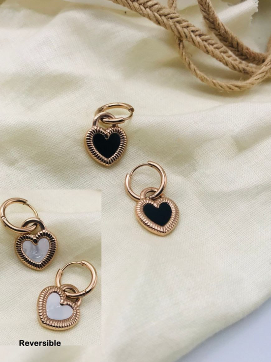 Buy Rose Gold Black and White Heart Drop Huggie Earrings - TheJewelbox