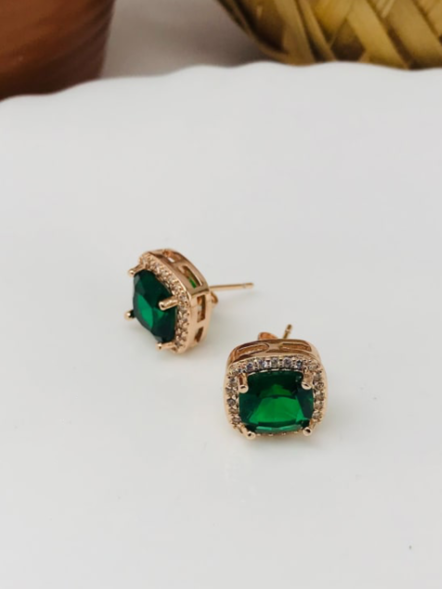 Square Green Crystal Diamond Minimal Earrings - Closure