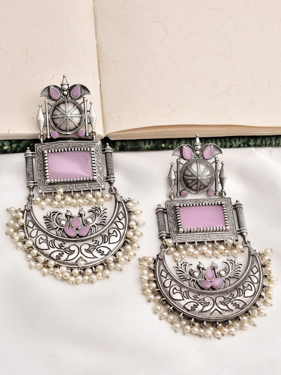 Buy Stylish Baby Pink German Silver Big Dangler Earrings - TheJewelbox