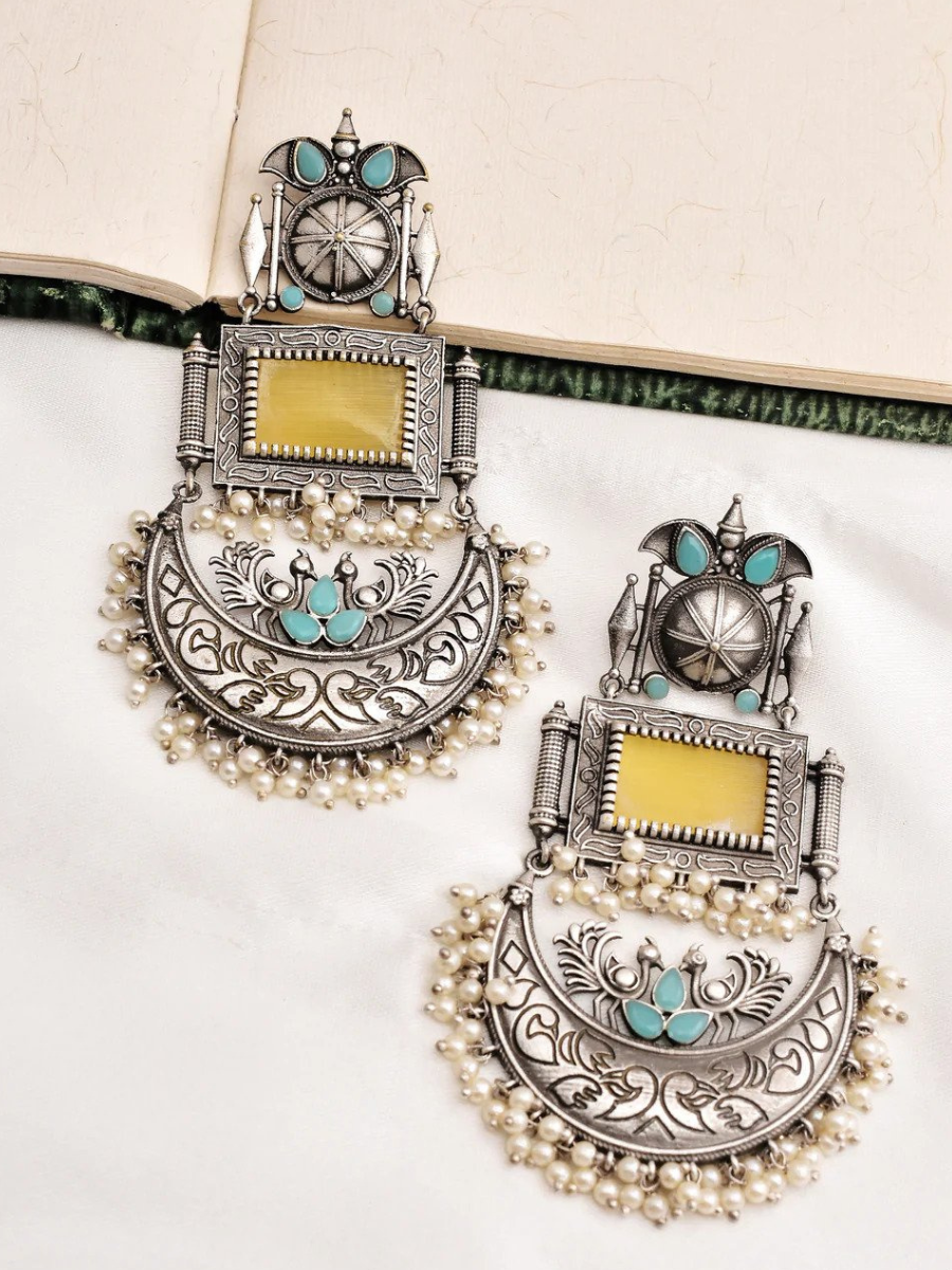 Yellow & Turquoise German Silver Peacock Style Dangler Earrings
